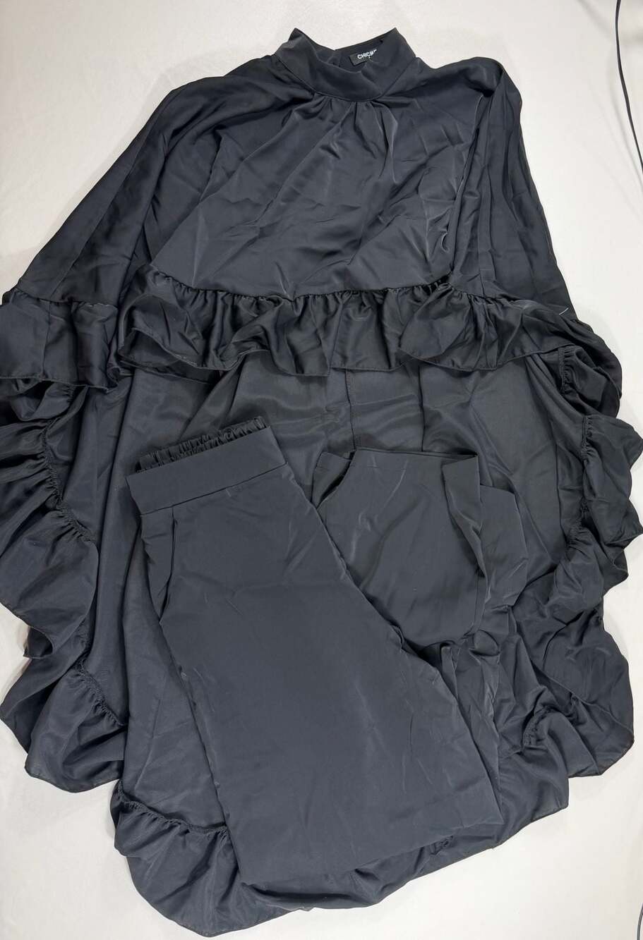 ChicMe Women's Black Ruffled Tiered Hem High-Neck Top and Matching Pants Set